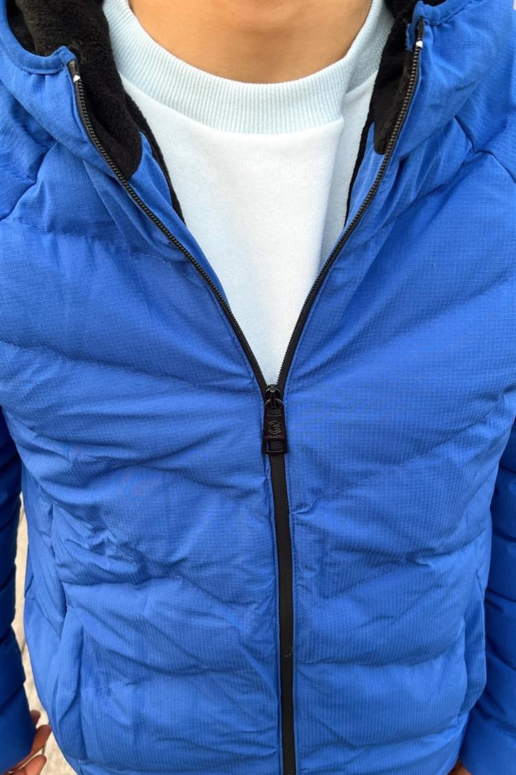 Basic Kapüşonlu Saks Mavisi Puffer Mont