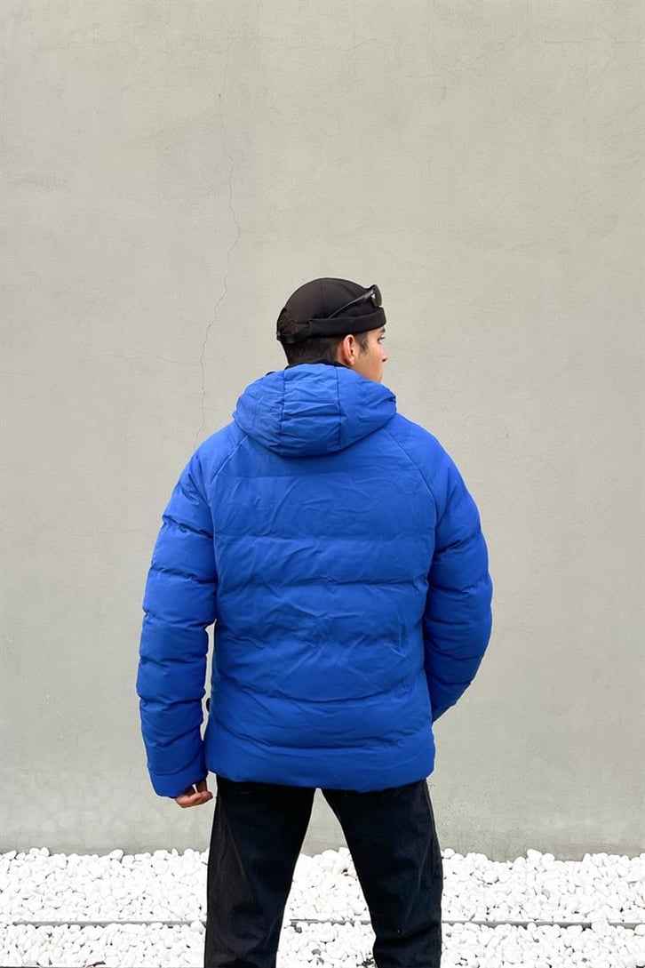 Basic Kapüşonlu Saks Mavisi Puffer Mont