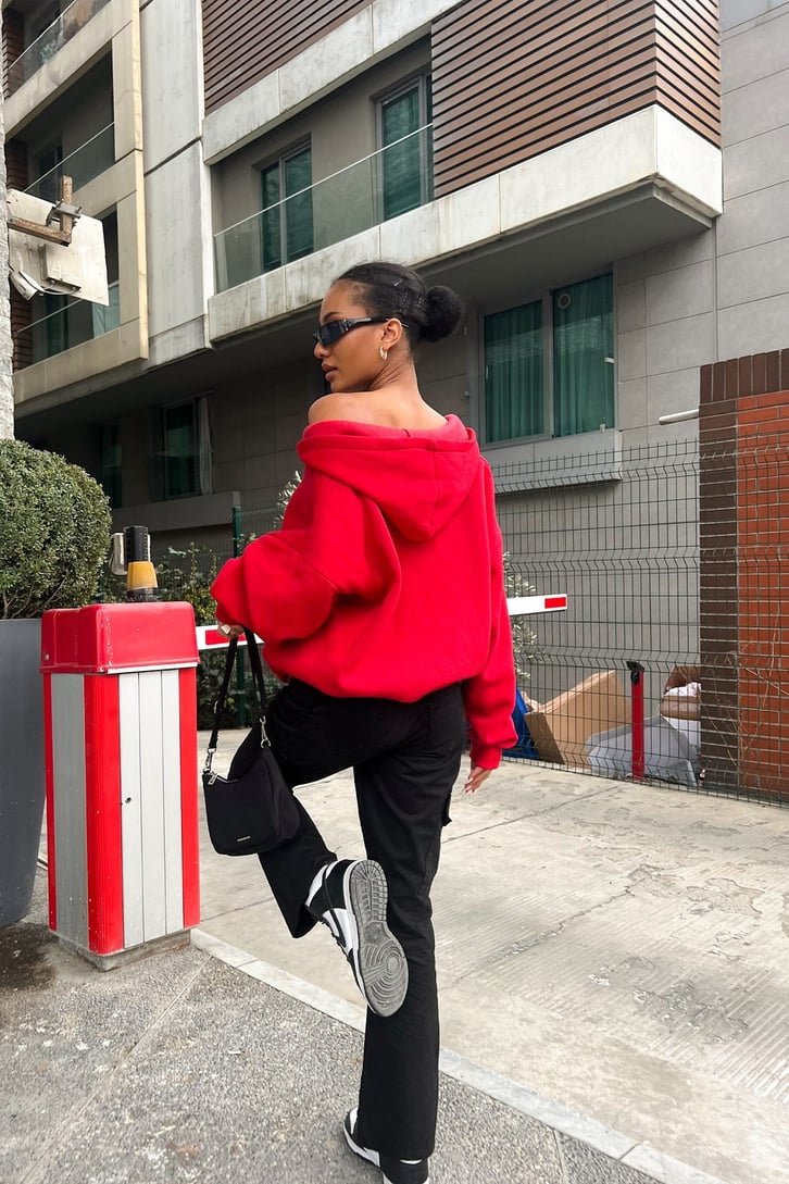Basic Kırmızı Zipper Hoodie