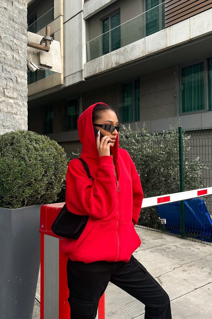 Basic Kırmızı Zipper Hoodie