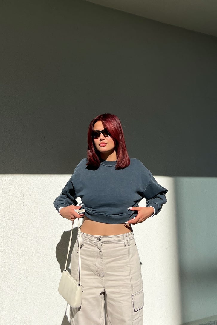 Basic Koyu Gri Crop Sweatshirt