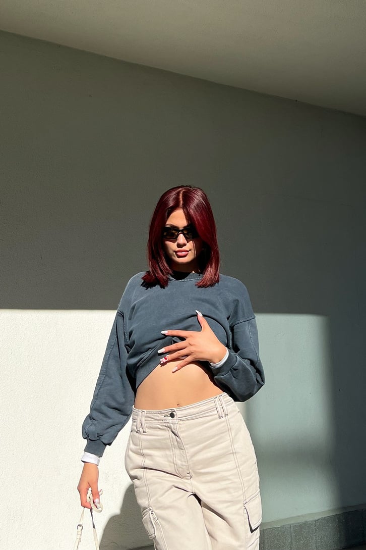 Basic Koyu Gri Crop Sweatshirt