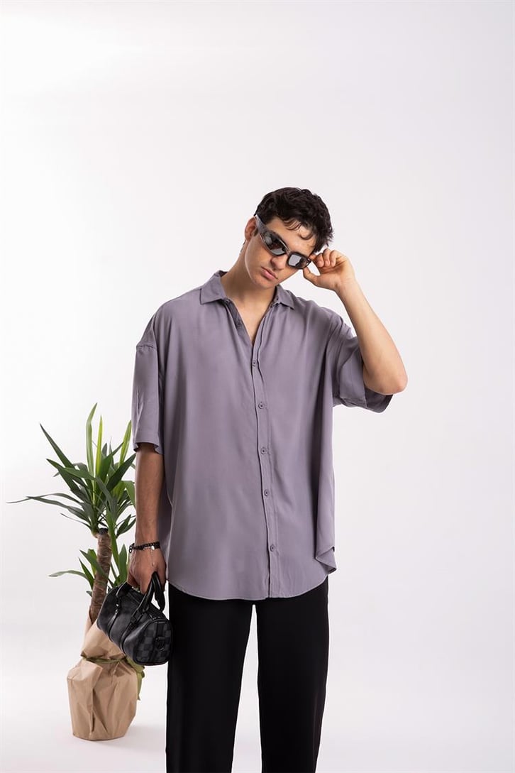 Basic Koyu Gri Oversize Kısa Kol Gömlek