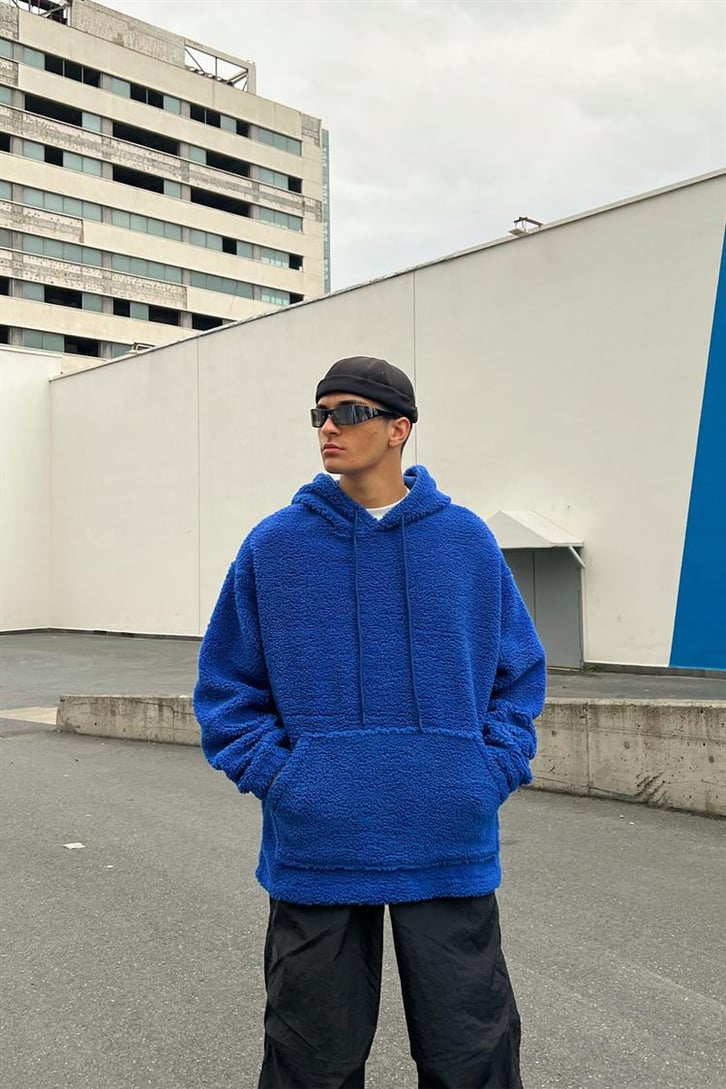 Basic Koyu Mavi Peluş Hoodie