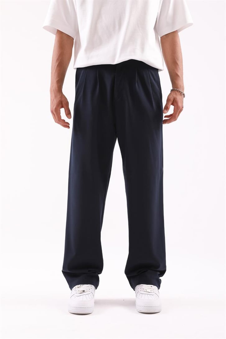 Basic Lacivert Beli Pileli Baggy Kumaş Pantolon