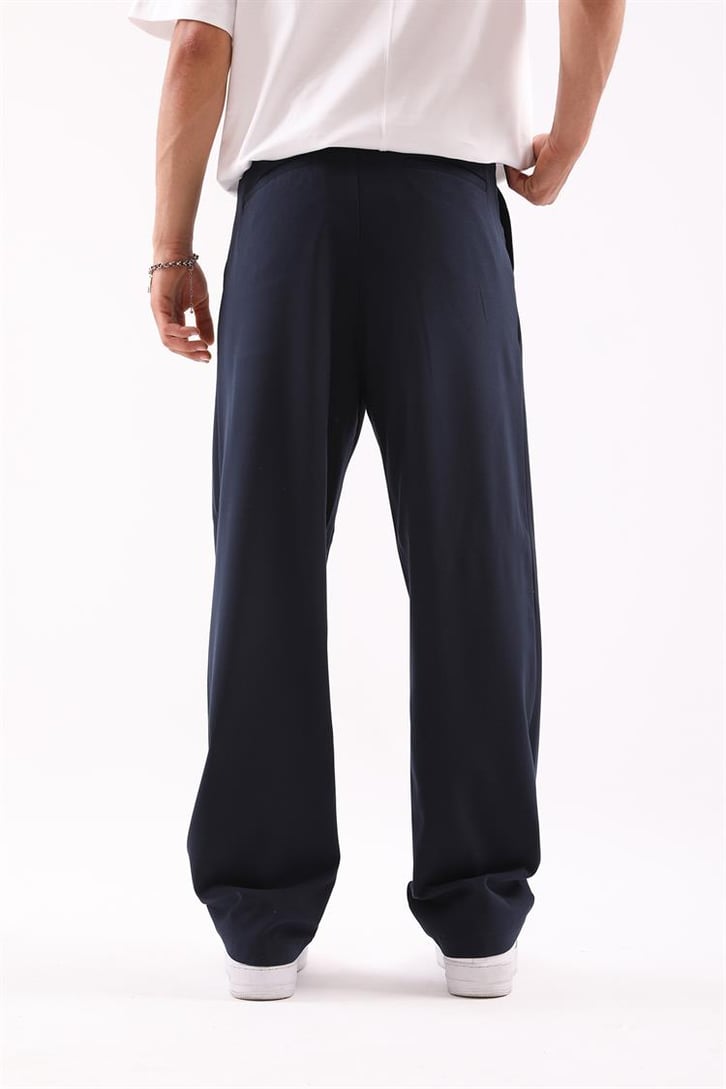 Basic Lacivert Beli Pileli Baggy Kumaş Pantolon