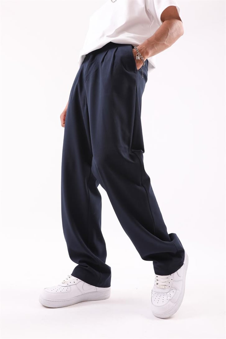 Basic Lacivert Beli Pileli Baggy Kumaş Pantolon