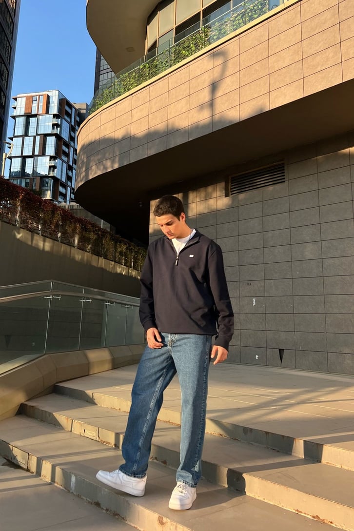 Basic Lacivert Half-Zip Sweatshirt