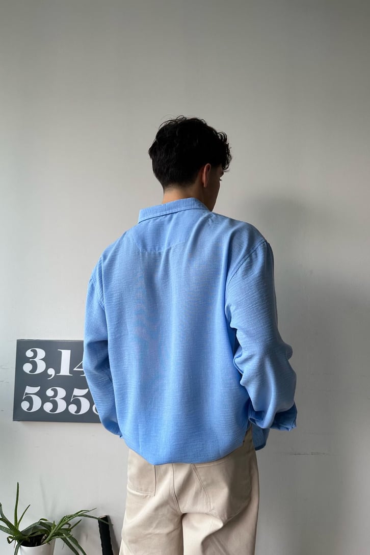 Basic Mavi Uzun Kollu Oversize Gömlek