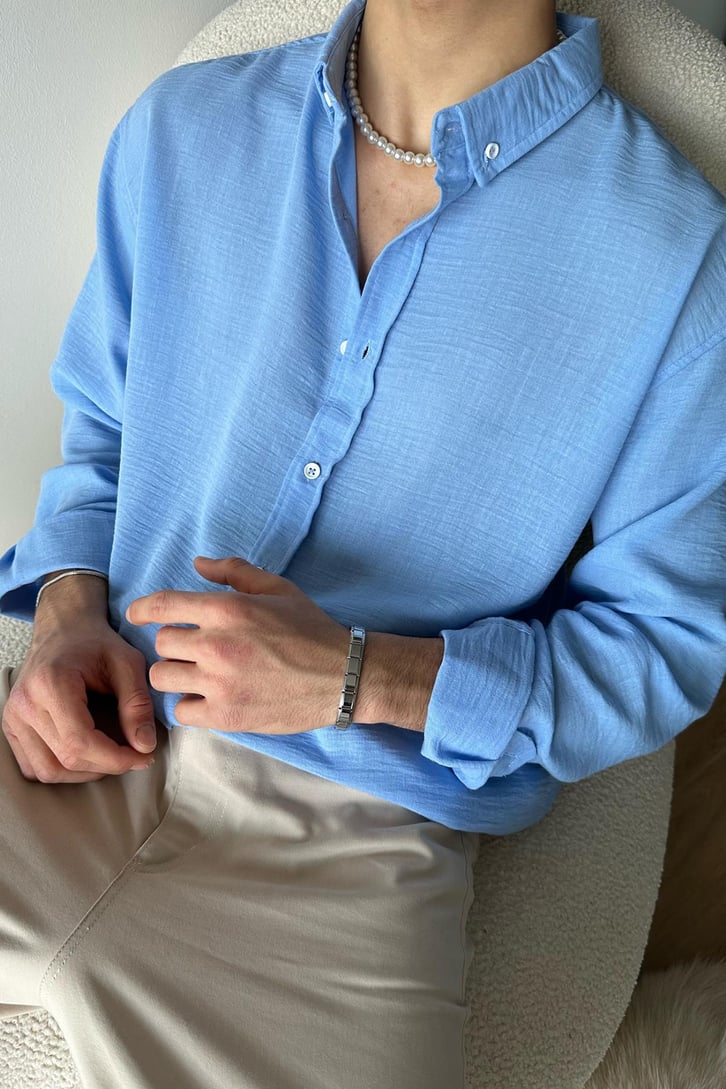 Basic Mavi Uzun Kollu Oversize Gömlek