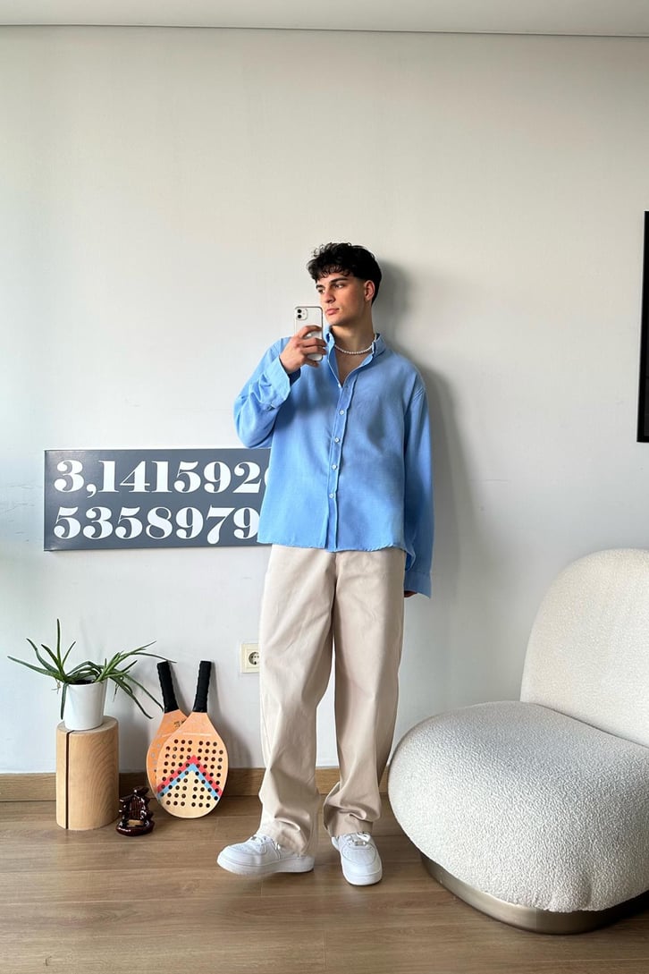 Basic Mavi Uzun Kollu Oversize Gömlek