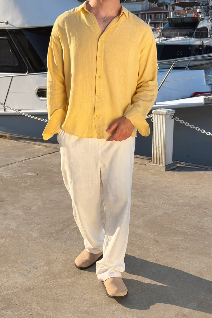 Basic Oversize Sarı Ham Keten Gömlek