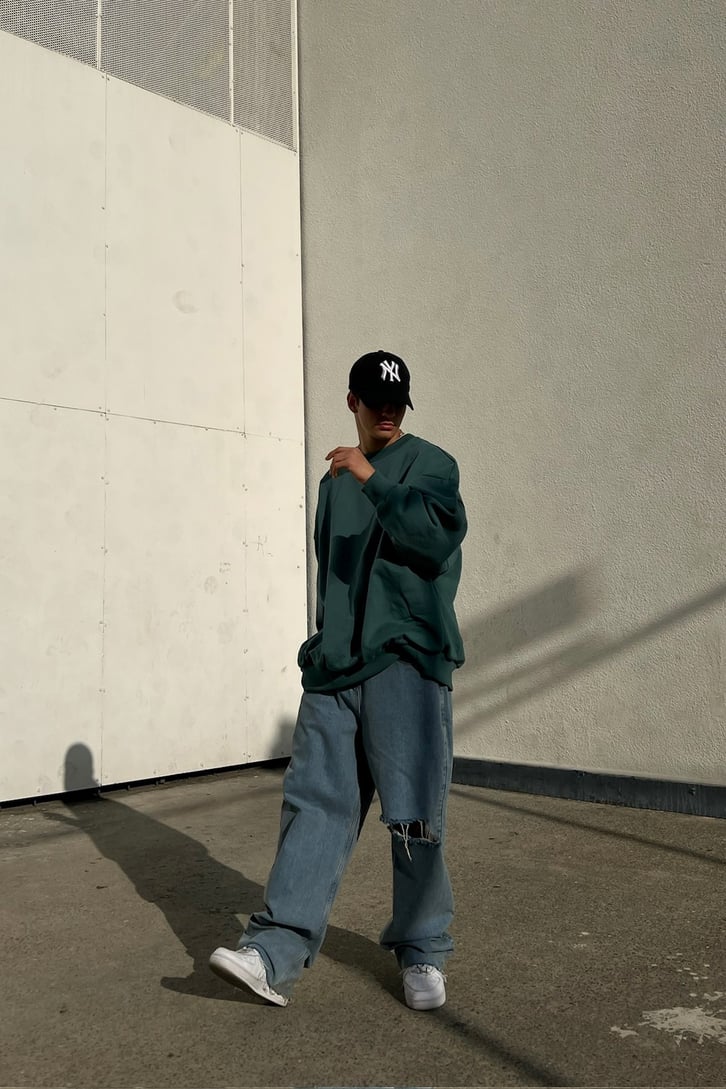 Basic Oversize Yeşil Sweatshirt