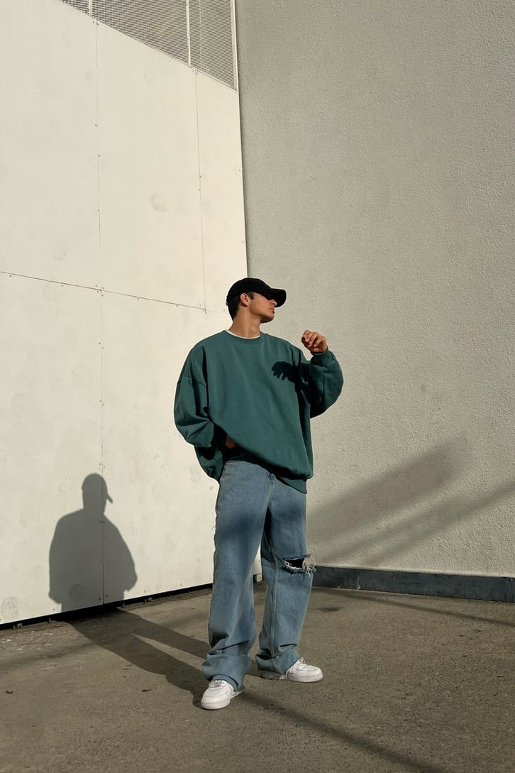 Basic Oversize Yeşil Sweatshirt