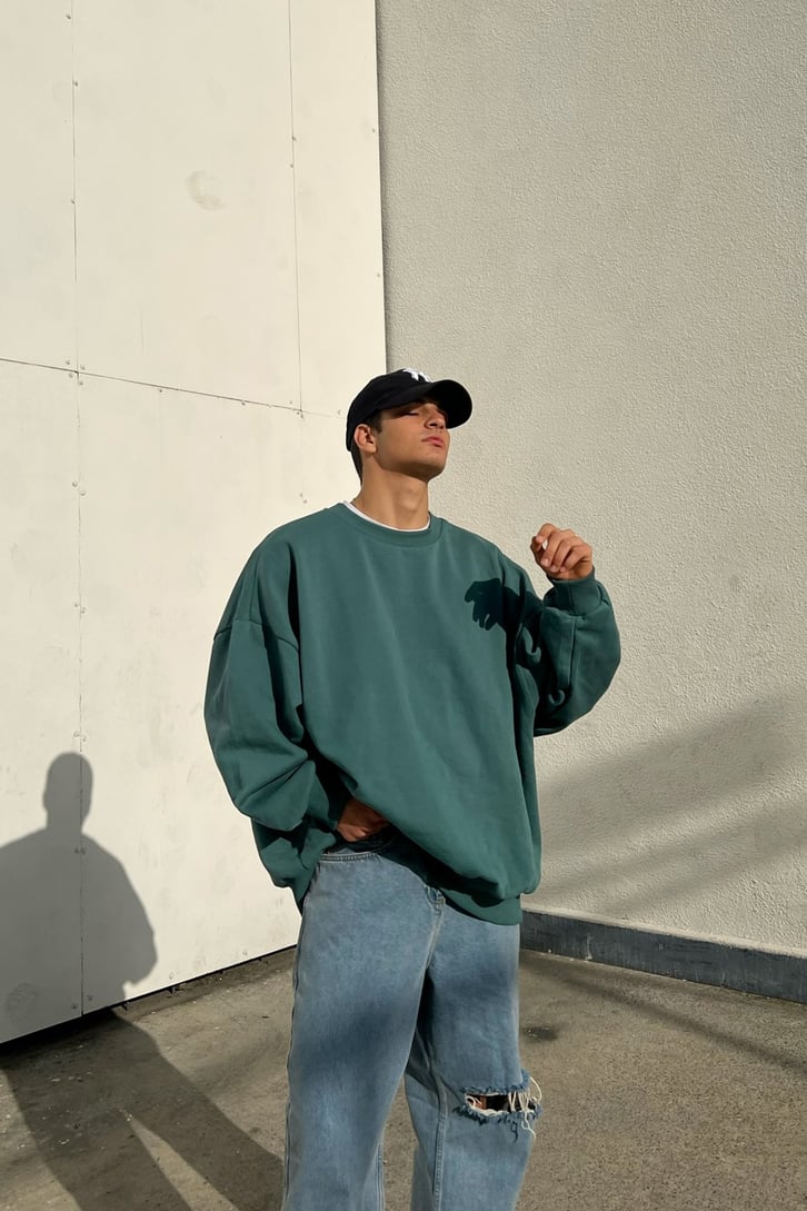 Basic Oversize Yeşil Sweatshirt