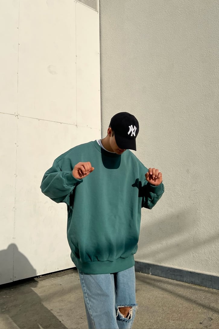 Basic Oversize Yeşil Sweatshirt