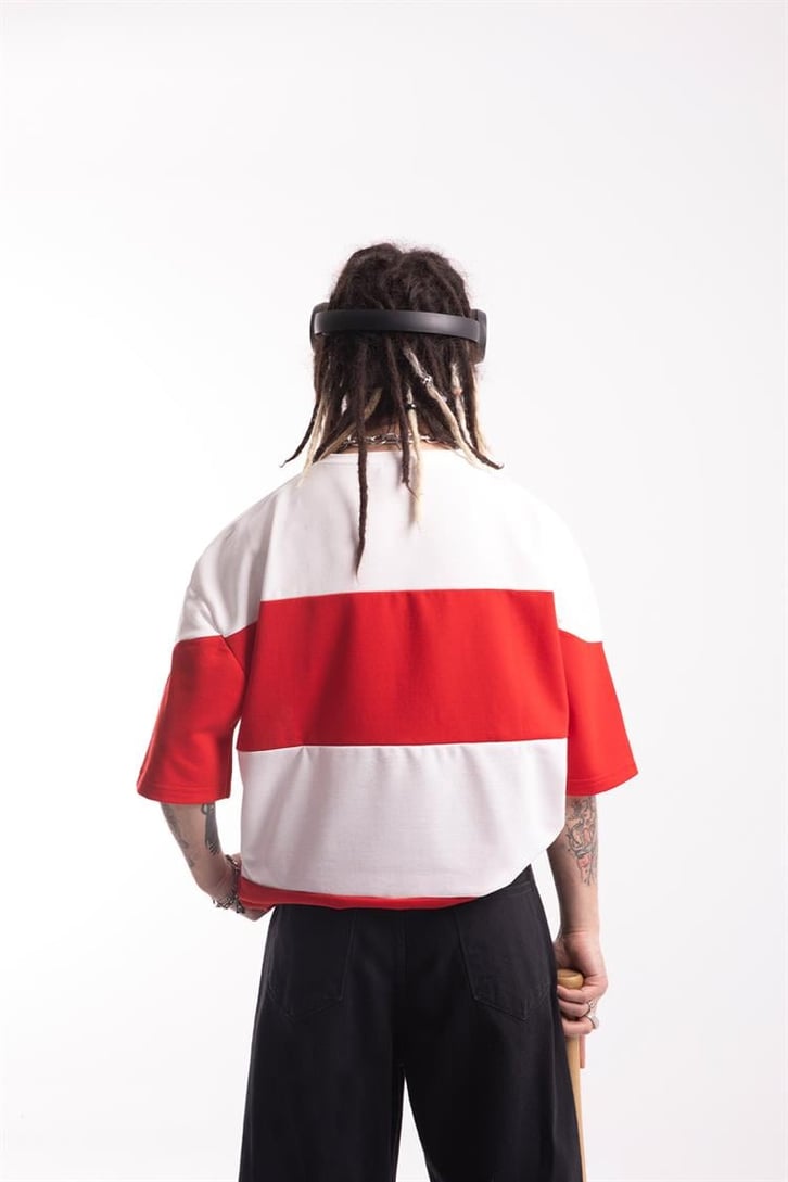 Basic Parçalı Kırmızı Oversize Tişört
