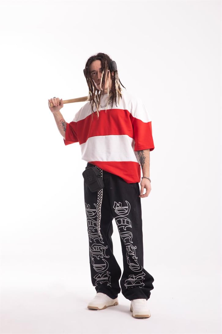 Basic Parçalı Kırmızı Oversize Tişört