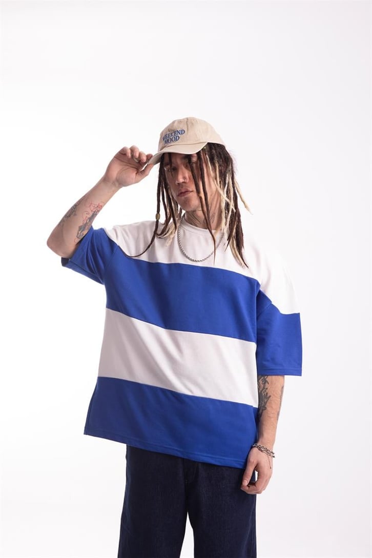 Basic Parçalı Saks Mavisi Oversize Tişört