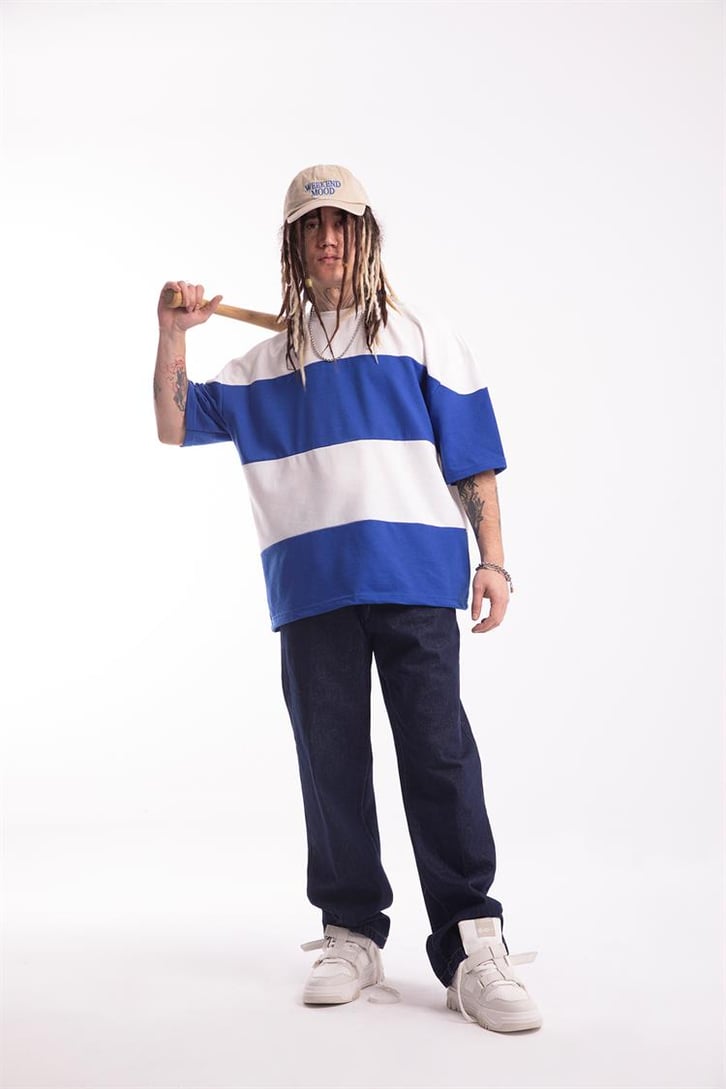 Basic Parçalı Saks Mavisi Oversize Tişört