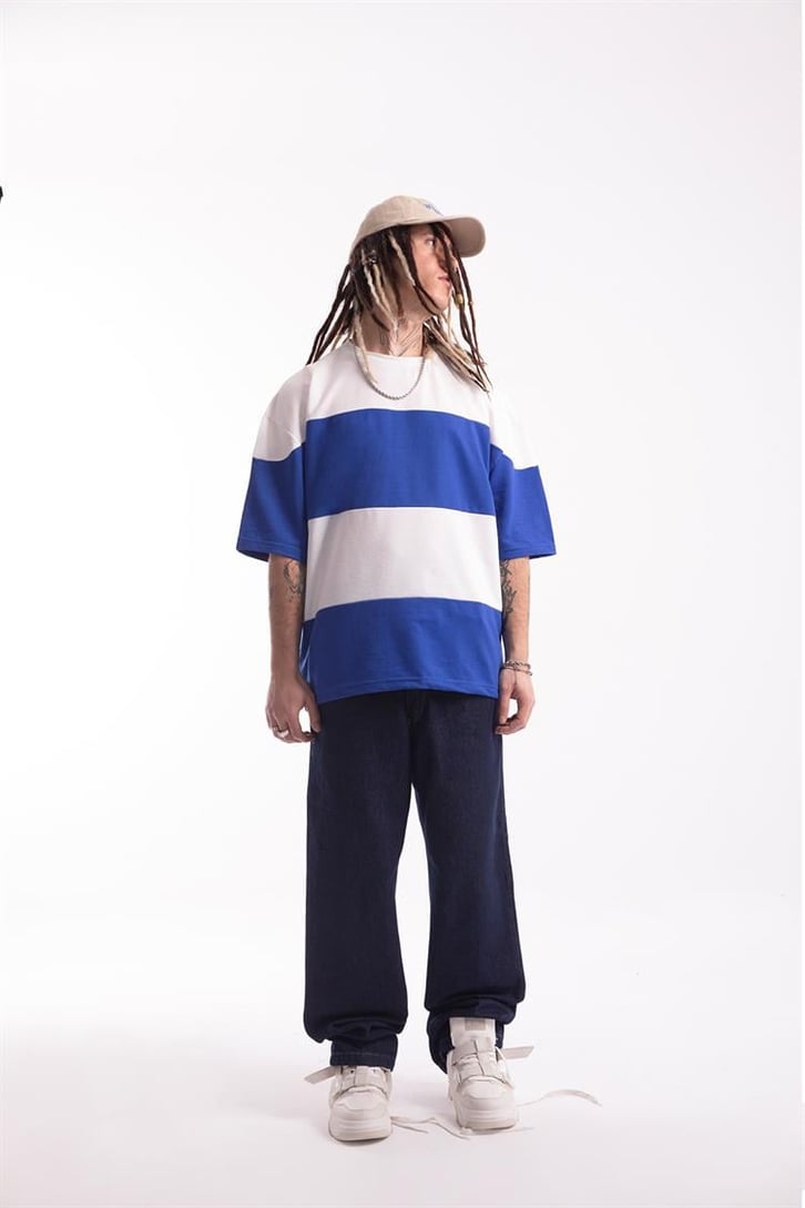Basic Parçalı Saks Mavisi Oversize Tişört