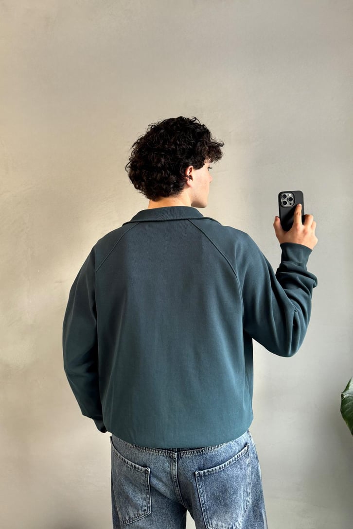 Basic Petrol Yeşili Zip Sweatshirt