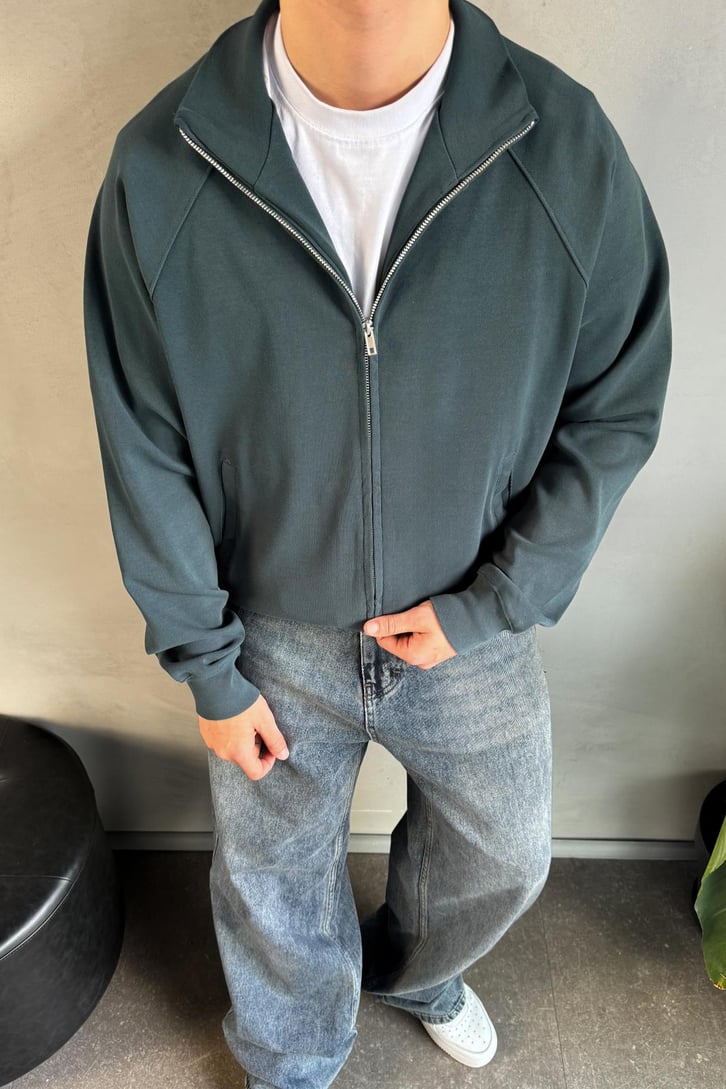 Basic Petrol Yeşili Zip Sweatshirt