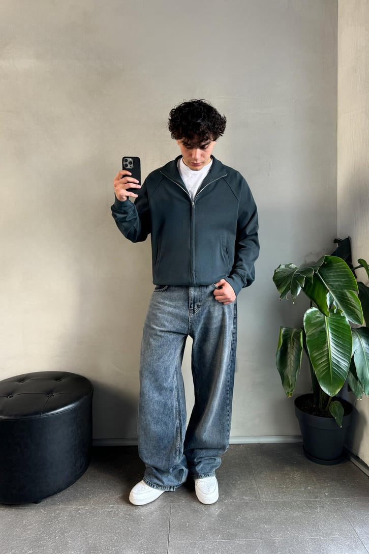 Basic Petrol Yeşili Zip Sweatshirt