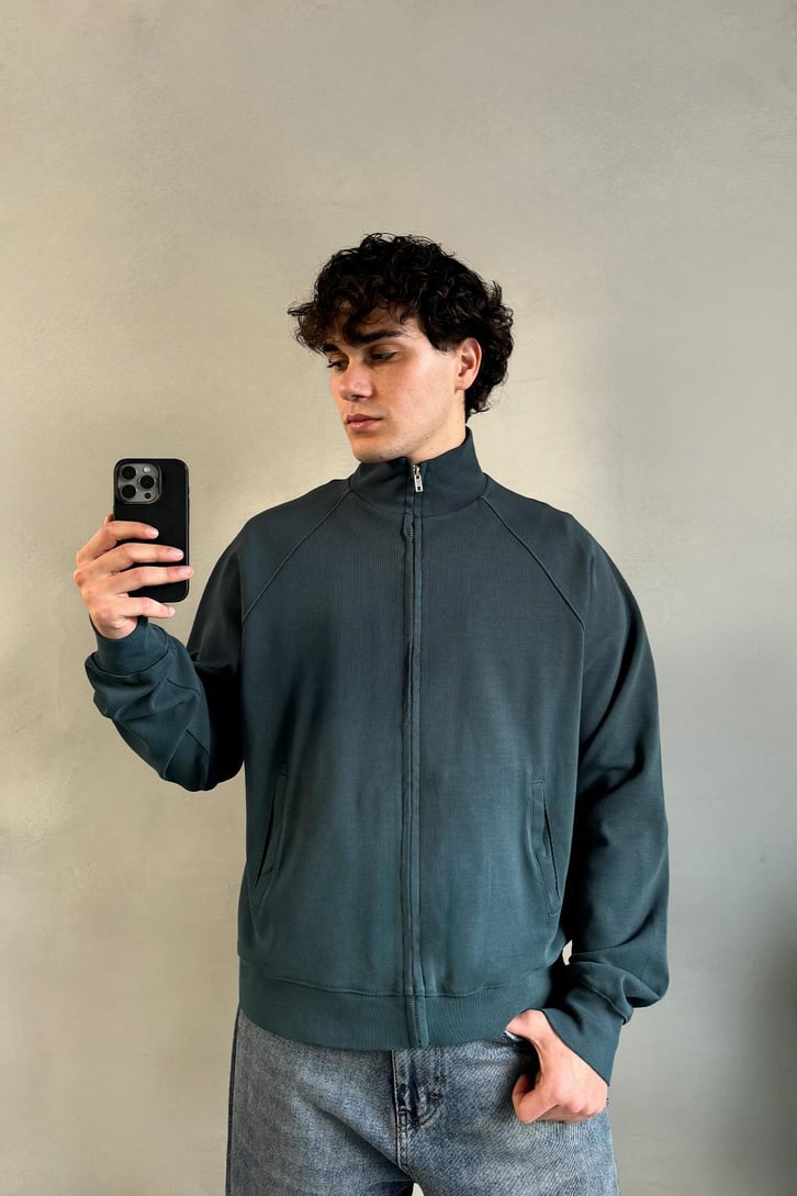 Basic Petrol Yeşili Zip Sweatshirt