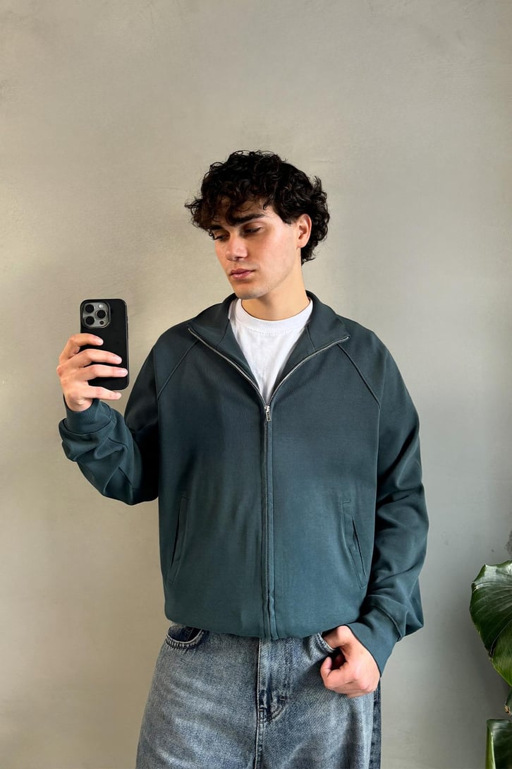 Basic Petrol Yeşili Zip Sweatshirt