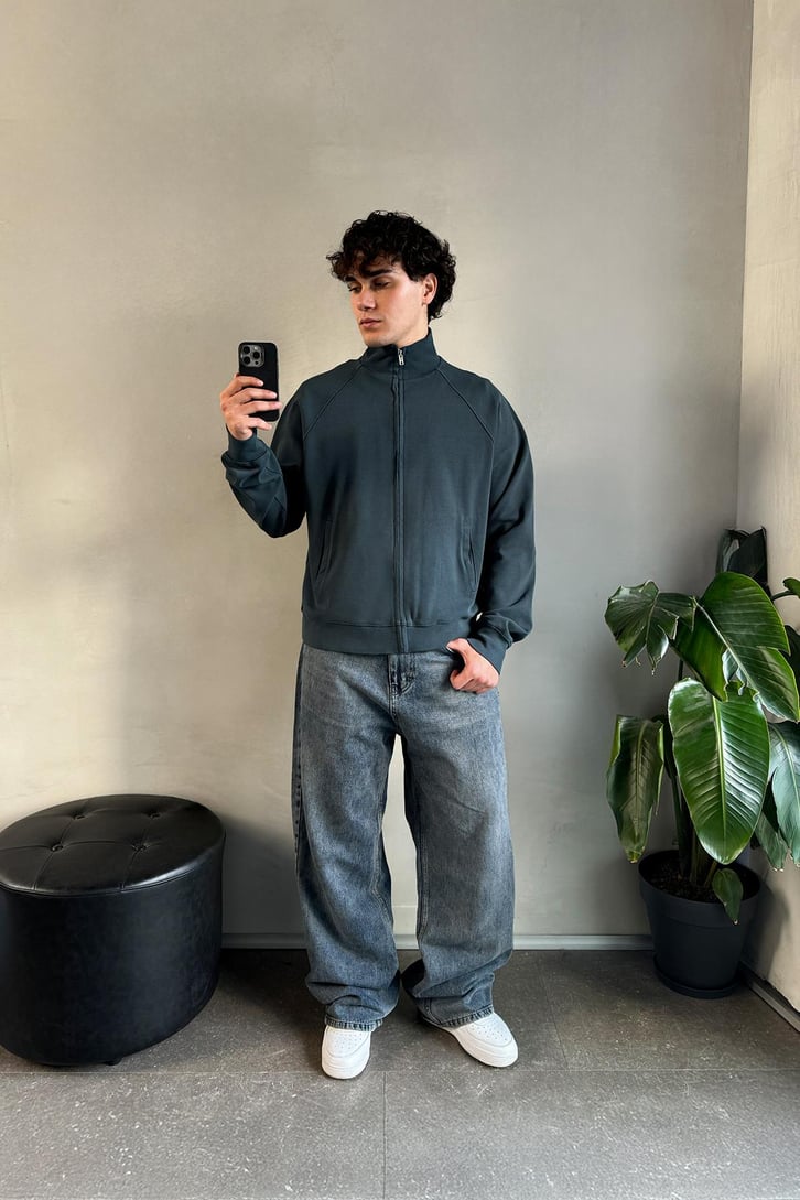 Basic Petrol Yeşili Zip Sweatshirt