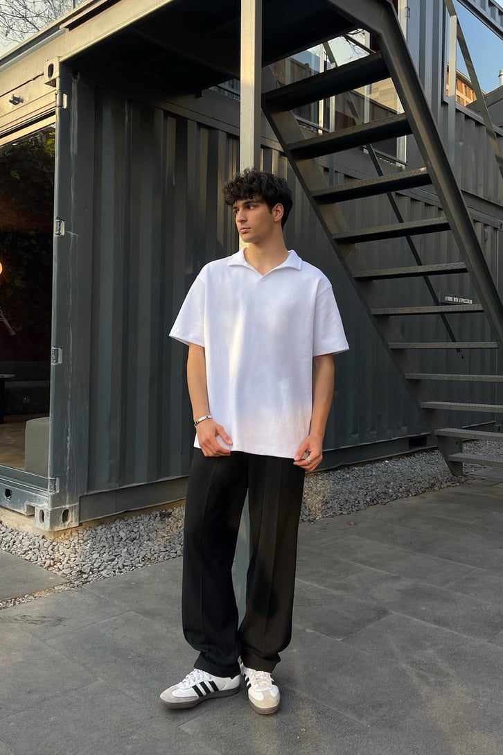 Basic Polo Yaka Bej Oversize Tişört