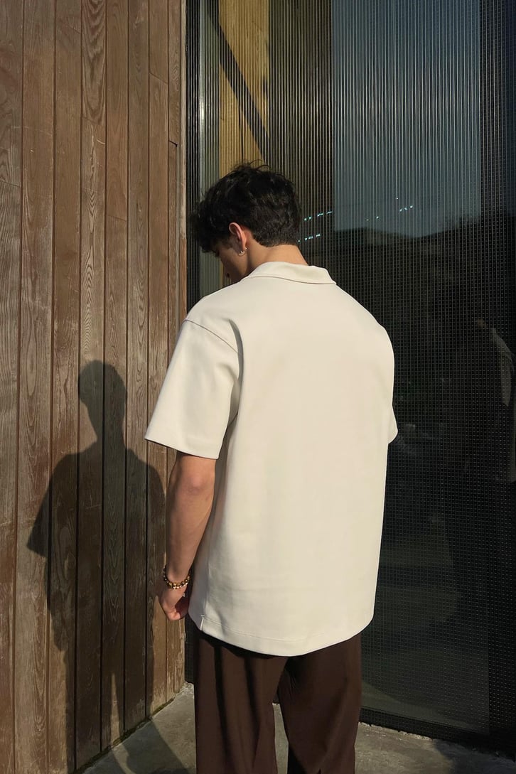 Basic Polo Yaka Bej Oversize Tişört