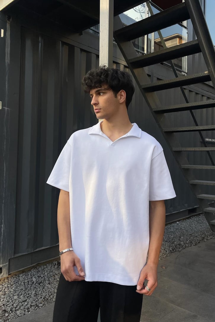 Basic Polo Yaka Bej Oversize Tişört