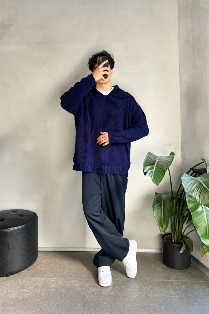 Basic Polo Yaka Lacivert Triko Kazak