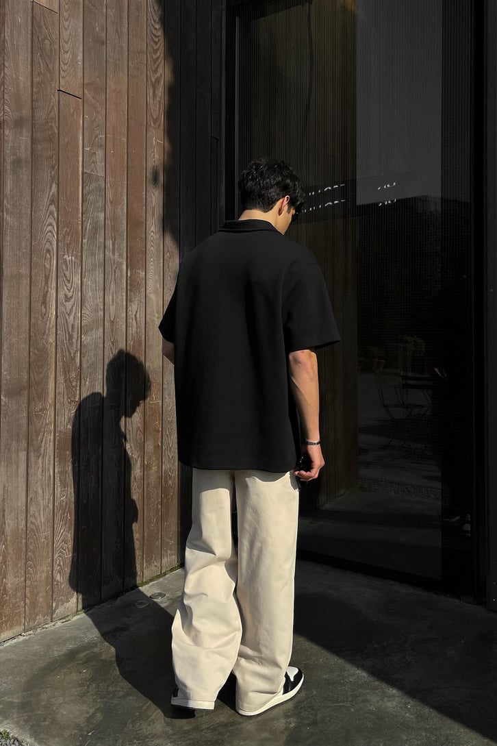 Basic Polo Yaka Siyah Oversize Tişört
