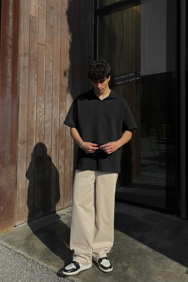 Basic Polo Yaka Siyah Oversize Tişört