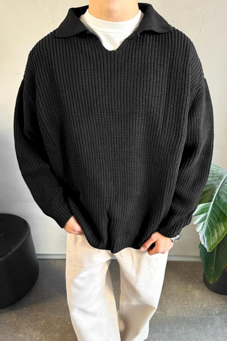 Basic Polo Yaka Siyah Triko Kazak