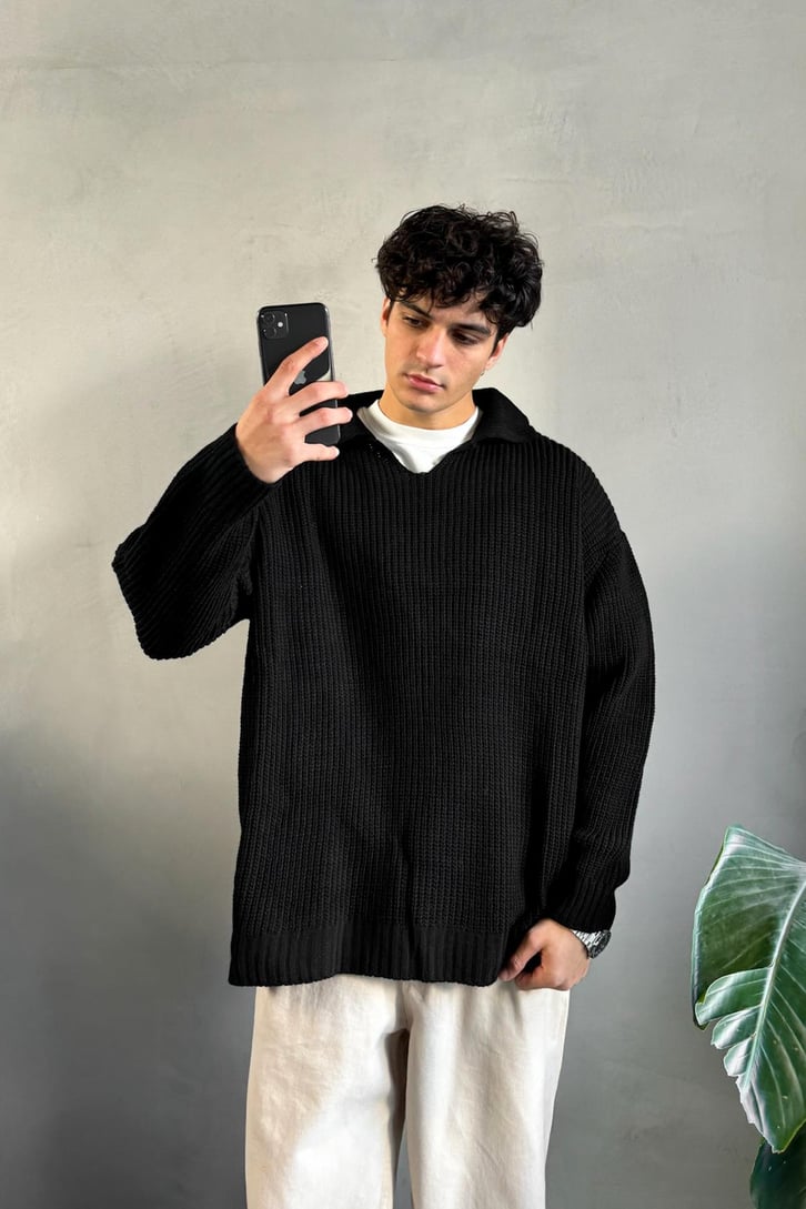Basic Polo Yaka Siyah Triko Kazak