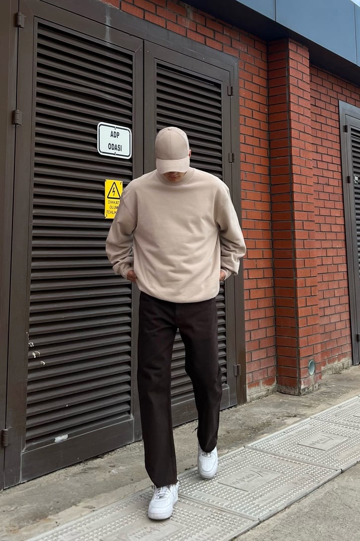 Basic Ripped Detail Sütlü Kahve Oversize Sweatshirt