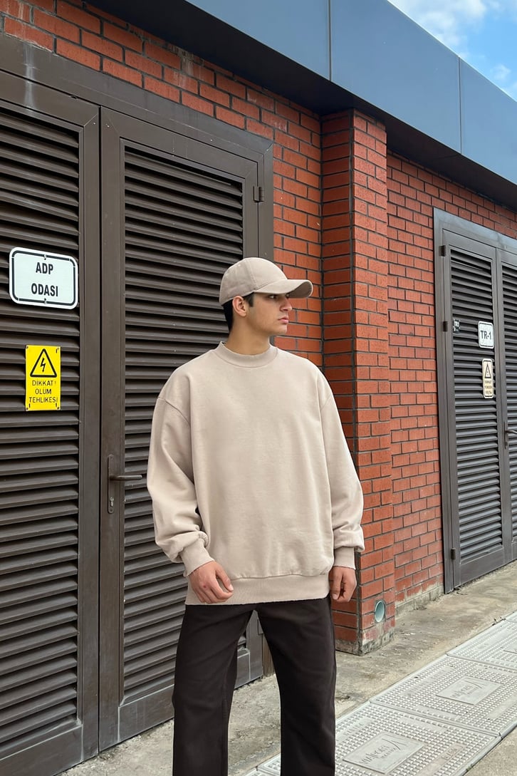 Basic Ripped Detail Sütlü Kahve Oversize Sweatshirt