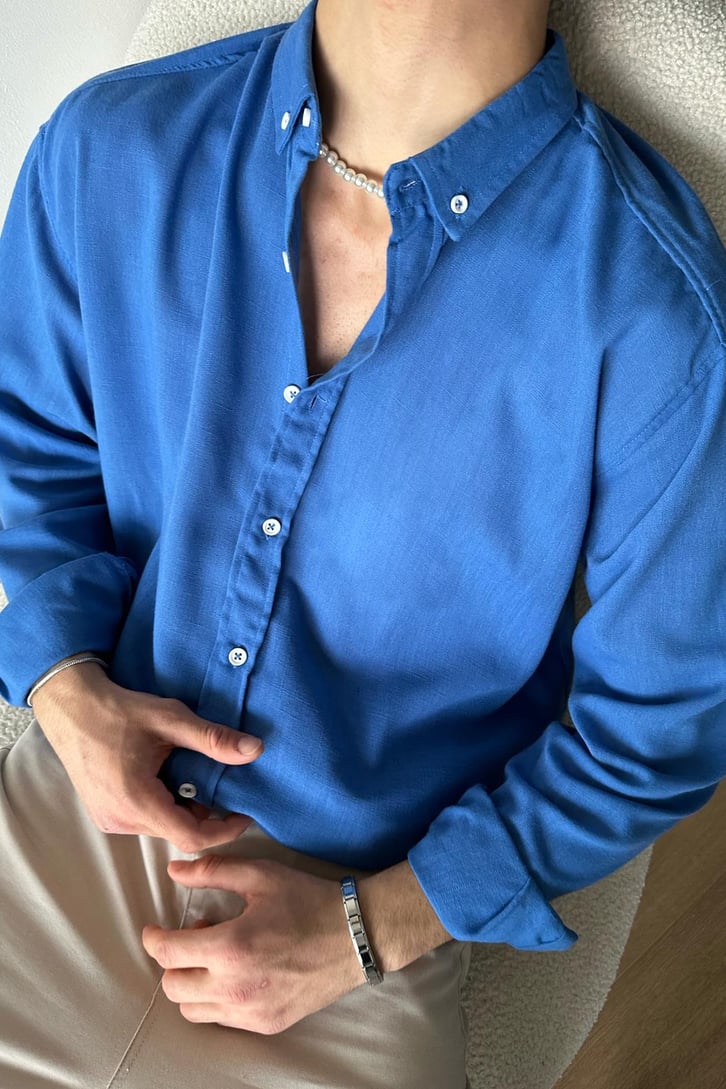 Basic Saks Mavisi Uzun Kollu Oversize Gömlek