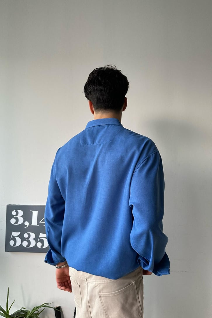 Basic Saks Mavisi Uzun Kollu Oversize Gömlek