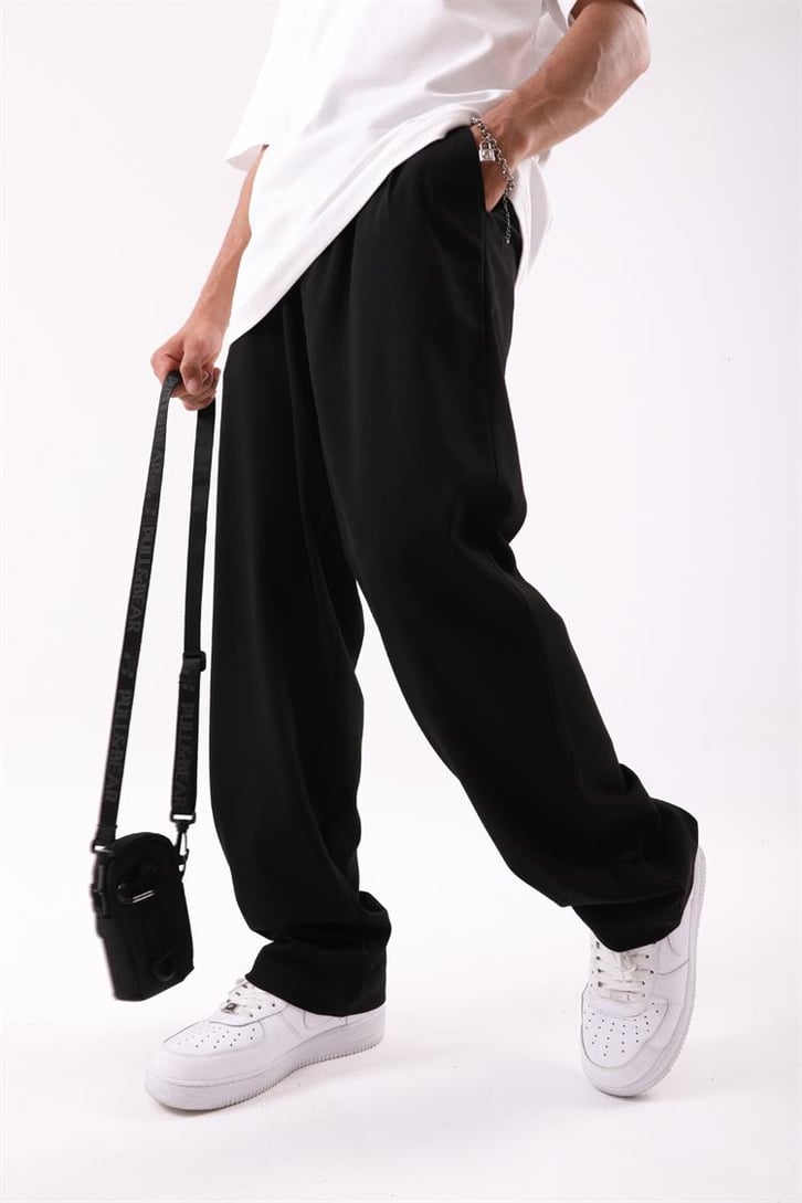 Basic Siyah Beli Pileli Baggy Kumaş Pantolon