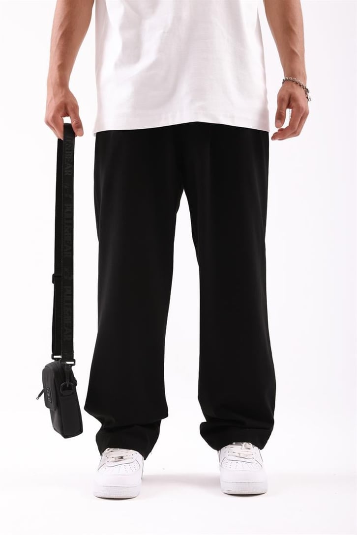 Basic Siyah Beli Pileli Baggy Kumaş Pantolon
