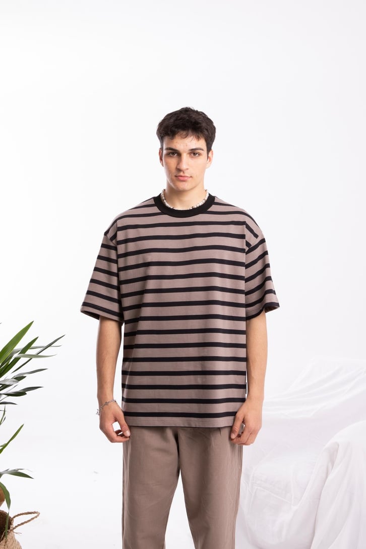 Basic Siyah Çizgili Vizon Oversize Tshirt
