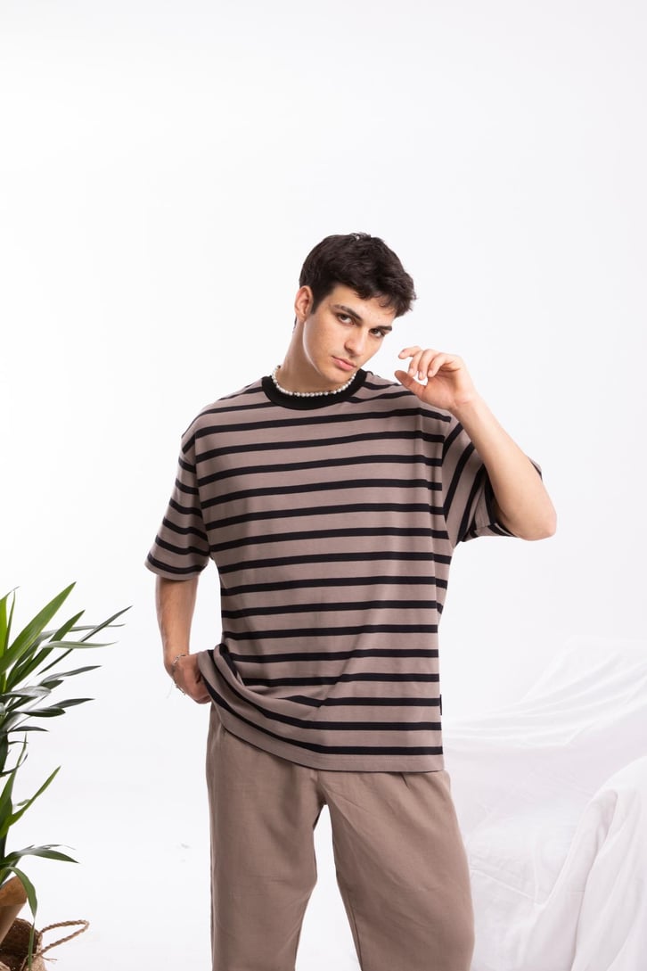 Basic Siyah Çizgili Vizon Oversize Tshirt