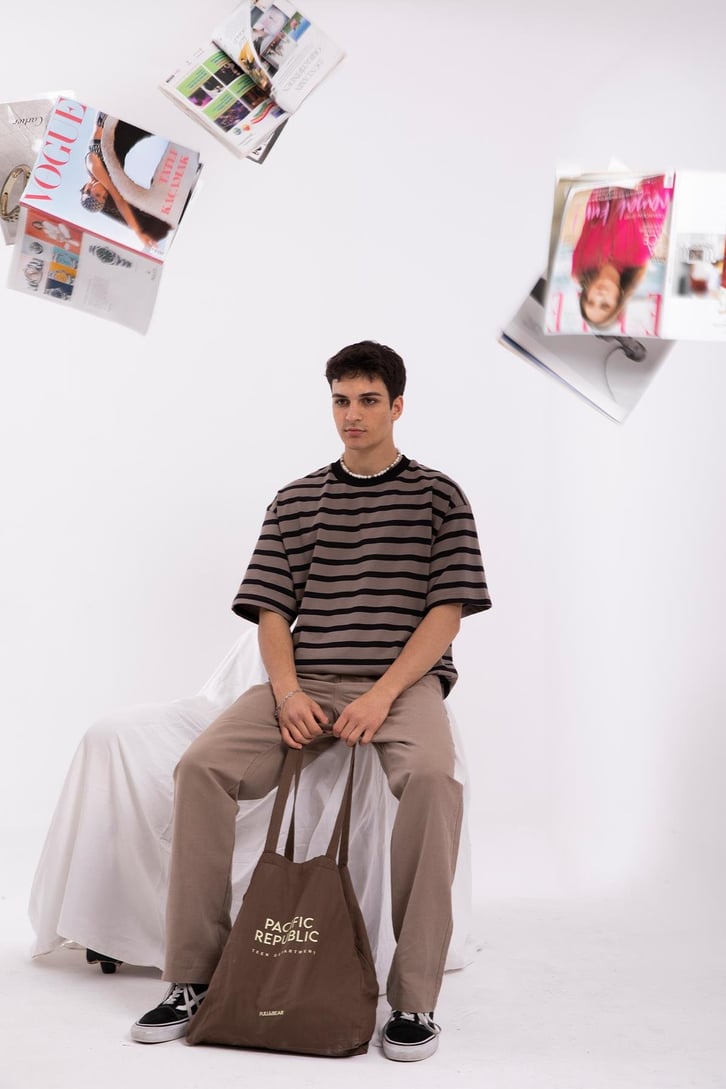 Basic Siyah Çizgili Vizon Oversize Tshirt
