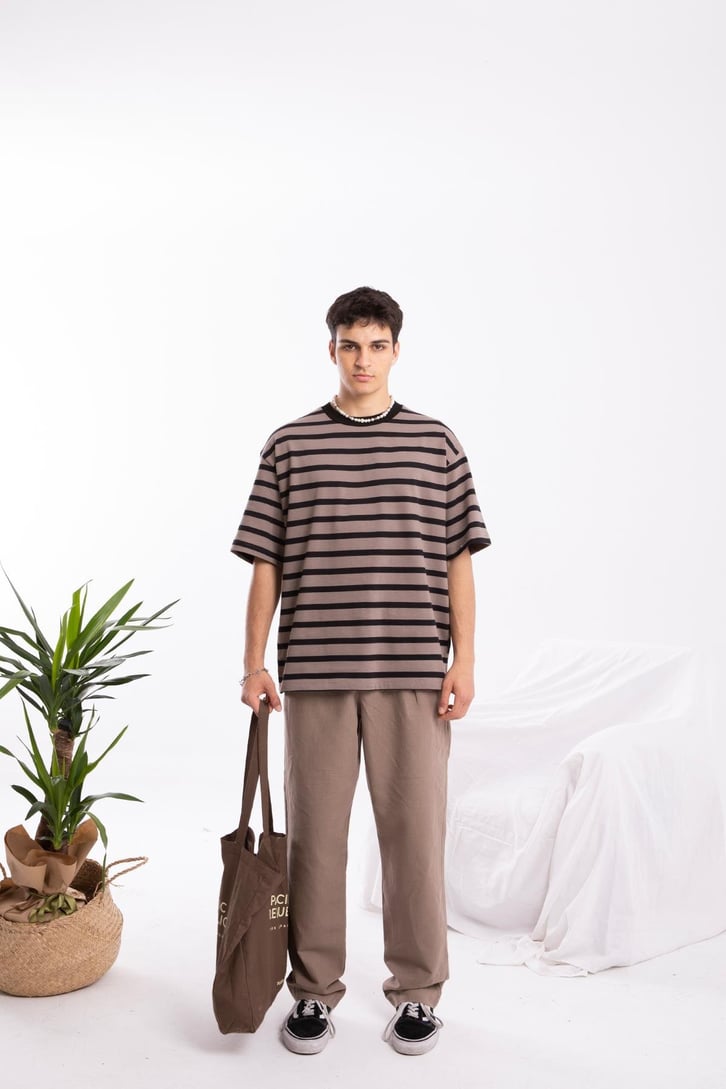 Basic Siyah Çizgili Vizon Oversize Tshirt