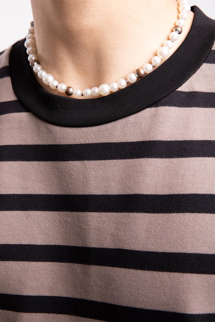 Basic Siyah Çizgili Vizon Oversize Tshirt